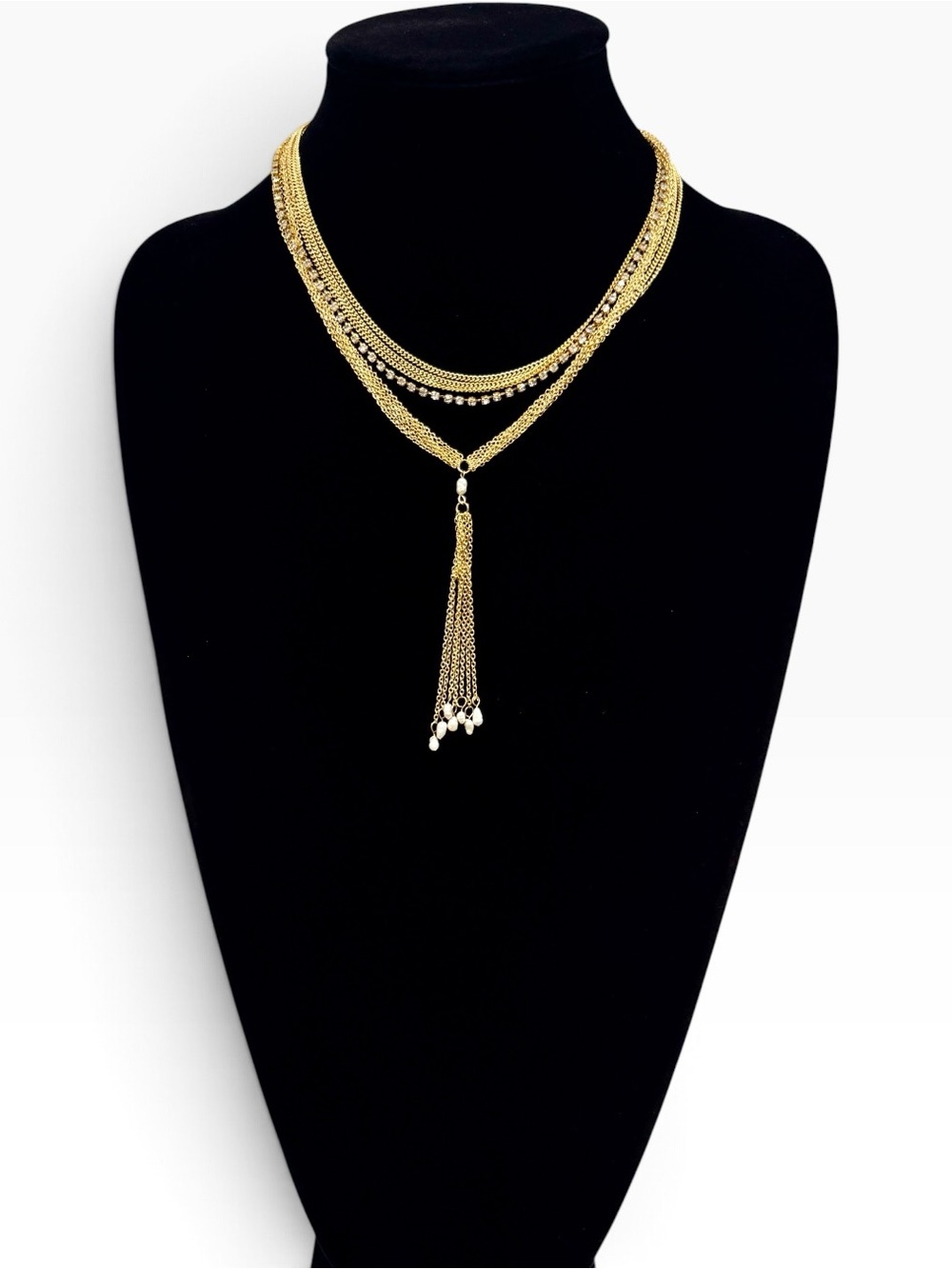 Ettika Gold Crystal Chain Pearl Tassel Necklace NWT